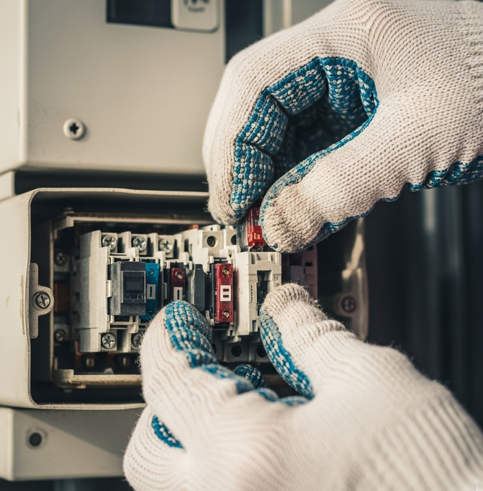 Electrician replacing fuses in a circuit breaker panel with protective gloves – A Plus Electric Pro Services San Diego